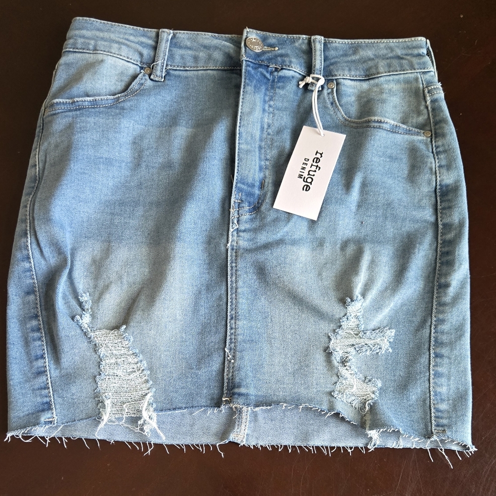 Refuge Light Blue Distressed Pencil Skirt